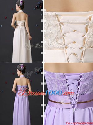 Stylish Halter Top Sleeveless Damas Dress Floor Length Lace and Belt White Chiffon