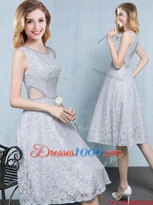New Arrival Scoop Knee Length Empire Sleeveless Grey Wedding Party Dress Lace Up
