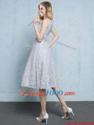 New Arrival Scoop Knee Length Empire Sleeveless Grey Wedding Party Dress Lace Up
