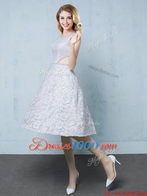 New Arrival Scoop Knee Length Empire Sleeveless Grey Wedding Party Dress Lace Up