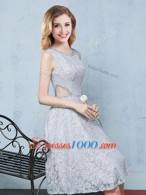 New Arrival Scoop Knee Length Empire Sleeveless Grey Wedding Party Dress Lace Up