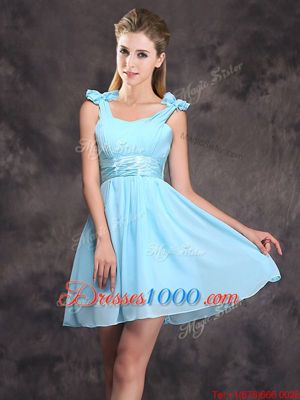 Straps Straps Sleeveless Mini Length Ruching and Bowknot Zipper Bridesmaid Gown with Baby Blue