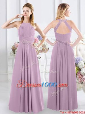 Noble Floor Length Lavender Wedding Party Dress Halter Top Sleeveless Zipper