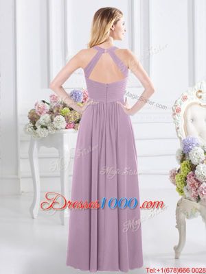 Noble Floor Length Lavender Wedding Party Dress Halter Top Sleeveless Zipper