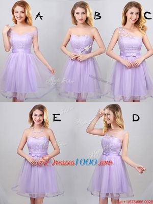 Fashionable Off the Shoulder Lavender Lace Up Bridesmaid Gown Lace and Appliques and Belt Sleeveless Mini Length