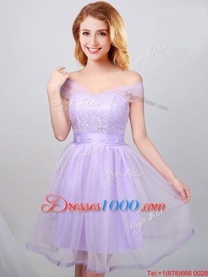 Fashionable Off the Shoulder Lavender Lace Up Bridesmaid Gown Lace and Appliques and Belt Sleeveless Mini Length