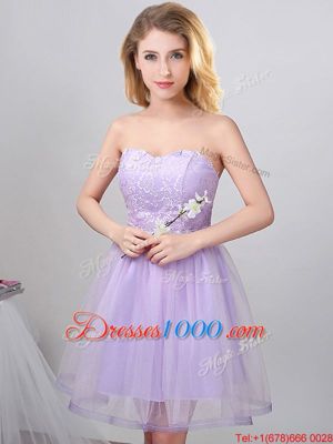 Fashionable Off the Shoulder Lavender Lace Up Bridesmaid Gown Lace and Appliques and Belt Sleeveless Mini Length
