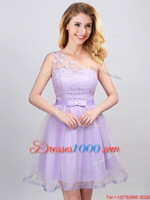 Fashionable Off the Shoulder Lavender Lace Up Bridesmaid Gown Lace and Appliques and Belt Sleeveless Mini Length