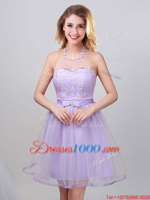 Fashionable Off the Shoulder Lavender Lace Up Bridesmaid Gown Lace and Appliques and Belt Sleeveless Mini Length