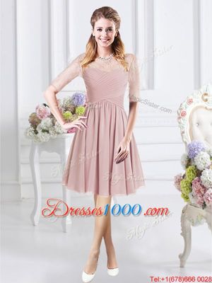 Scoop Half Sleeves Wedding Guest Dresses Knee Length Lace and Ruching Pink Chiffon