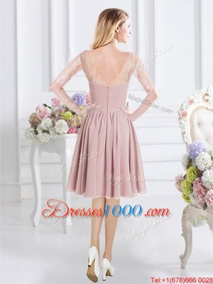 Scoop Half Sleeves Wedding Guest Dresses Knee Length Lace and Ruching Pink Chiffon
