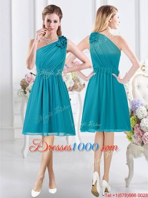 Modest Empire Quinceanera Court Dresses Teal One Shoulder Chiffon Sleeveless Knee Length Side Zipper