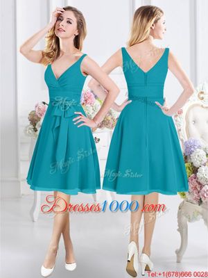 Modest Empire Quinceanera Court Dresses Teal One Shoulder Chiffon Sleeveless Knee Length Side Zipper