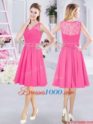 Hot Pink Chiffon Zipper Quinceanera Dama Dress Sleeveless Knee Length Lace and Ruching and Belt