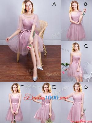 Pink Lace Up Bridesmaid Dress Ruching and Bowknot Half Sleeves Mini Length