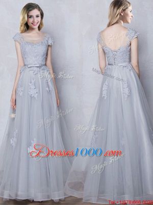 Grey Tulle Lace Up Scoop Cap Sleeves Floor Length Quinceanera Court of Honor Dress Lace and Appliques and Belt