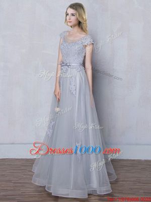 Grey Tulle Lace Up Scoop Cap Sleeves Floor Length Quinceanera Court of Honor Dress Lace and Appliques and Belt