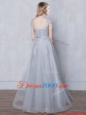 Grey Tulle Lace Up Scoop Cap Sleeves Floor Length Quinceanera Court of Honor Dress Lace and Appliques and Belt