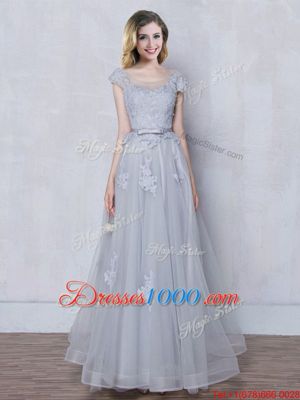 Grey Tulle Lace Up Scoop Cap Sleeves Floor Length Quinceanera Court of Honor Dress Lace and Appliques and Belt