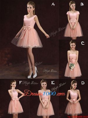 Modern Peach Lace Up Bridesmaids Dress Lace and Bowknot Sleeveless Mini Length