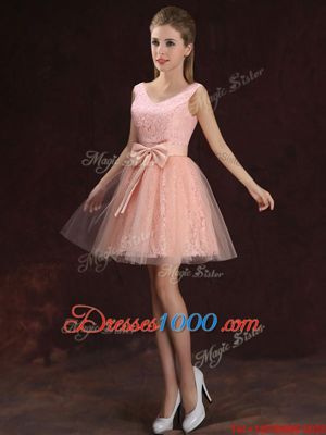 Modern Peach Lace Up Bridesmaids Dress Lace and Bowknot Sleeveless Mini Length