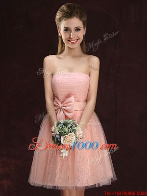 Modern Peach Lace Up Bridesmaids Dress Lace and Bowknot Sleeveless Mini Length