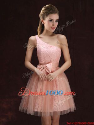 Modern Peach Lace Up Bridesmaids Dress Lace and Bowknot Sleeveless Mini Length