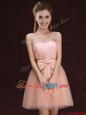 Modern Peach Lace Up Bridesmaids Dress Lace and Bowknot Sleeveless Mini Length