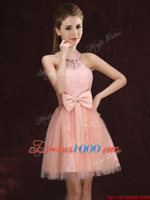 Modern Peach Lace Up Bridesmaids Dress Lace and Bowknot Sleeveless Mini Length