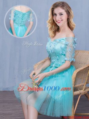 Off the Shoulder Aqua Blue Tulle Lace Up Vestidos de Damas Short Sleeves Knee Length Lace and Appliques and Bowknot