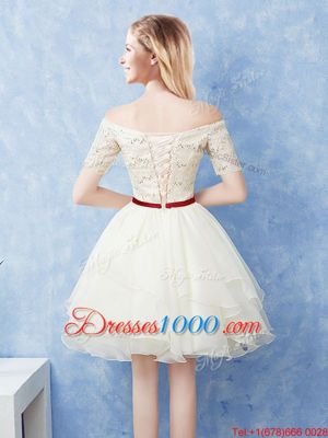 Suitable Champagne Bridesmaid Gown Prom and Party and Wedding Party and For with Lace and Ruffles and Belt Off The Shoulder Short Sleeves Lace Up