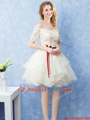 Suitable Champagne Bridesmaid Gown Prom and Party and Wedding Party and For with Lace and Ruffles and Belt Off The Shoulder Short Sleeves Lace Up