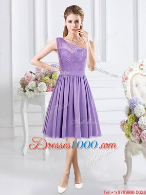 One Shoulder Lavender Sleeveless Knee Length Lace Side Zipper Dama Dress
