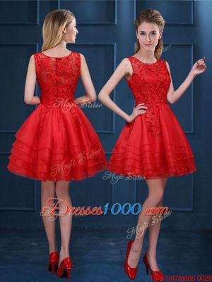 Edgy Scoop Mini Length Red Quinceanera Court Dresses Organza Sleeveless Lace and Ruffled Layers