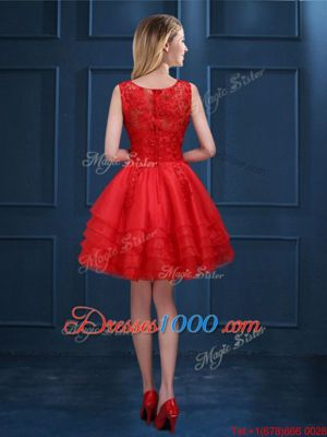 Edgy Scoop Mini Length Red Quinceanera Court Dresses Organza Sleeveless Lace and Ruffled Layers