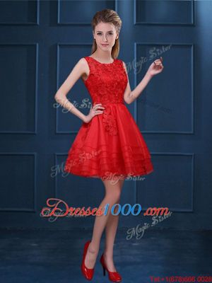 Edgy Scoop Mini Length Red Quinceanera Court Dresses Organza Sleeveless Lace and Ruffled Layers