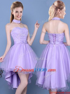 Lace and Bowknot Vestidos de Damas Lavender Lace Up Sleeveless High Low