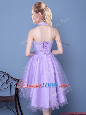 Lace and Bowknot Vestidos de Damas Lavender Lace Up Sleeveless High Low