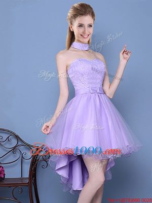 Lace and Bowknot Vestidos de Damas Lavender Lace Up Sleeveless High Low