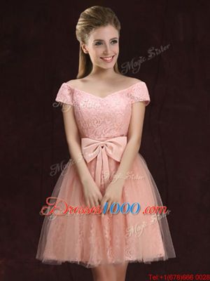 Sophisticated Off The Shoulder Short Sleeves Quinceanera Court Dresses Mini Length Lace and Bowknot Peach Tulle and Lace