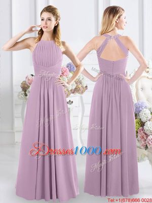Hot Sale Lavender Chiffon Zipper Bridesmaid Dresses Cap Sleeves Floor Length Beading and Ruching