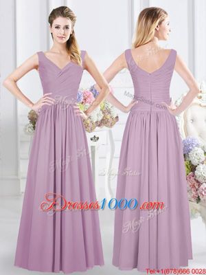 Hot Sale Lavender Chiffon Zipper Bridesmaid Dresses Cap Sleeves Floor Length Beading and Ruching