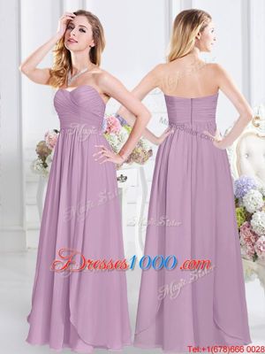 Hot Sale Lavender Chiffon Zipper Bridesmaid Dresses Cap Sleeves Floor Length Beading and Ruching