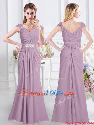 Hot Sale Lavender Chiffon Zipper Bridesmaid Dresses Cap Sleeves Floor Length Beading and Ruching