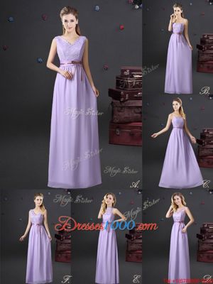 V-neck Sleeveless Lace Up Bridesmaid Gown Lavender Chiffon