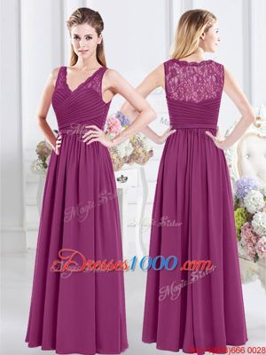 Custom Fit Sleeveless Floor Length Lace and Ruching Side Zipper Court Dresses for Sweet 16 with Fuchsia