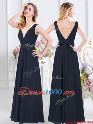 Modern Navy Blue Bridesmaid Dresses Prom and Party and For with Ruching V-neck Sleeveless Backless