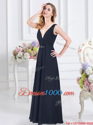 Modern Navy Blue Bridesmaid Dresses Prom and Party and For with Ruching V-neck Sleeveless Backless