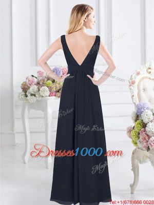 Modern Navy Blue Bridesmaid Dresses Prom and Party and For with Ruching V-neck Sleeveless Backless