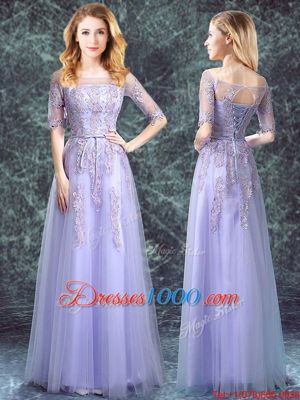 Square Floor Length Lavender Wedding Party Dress Tulle Half Sleeves Appliques